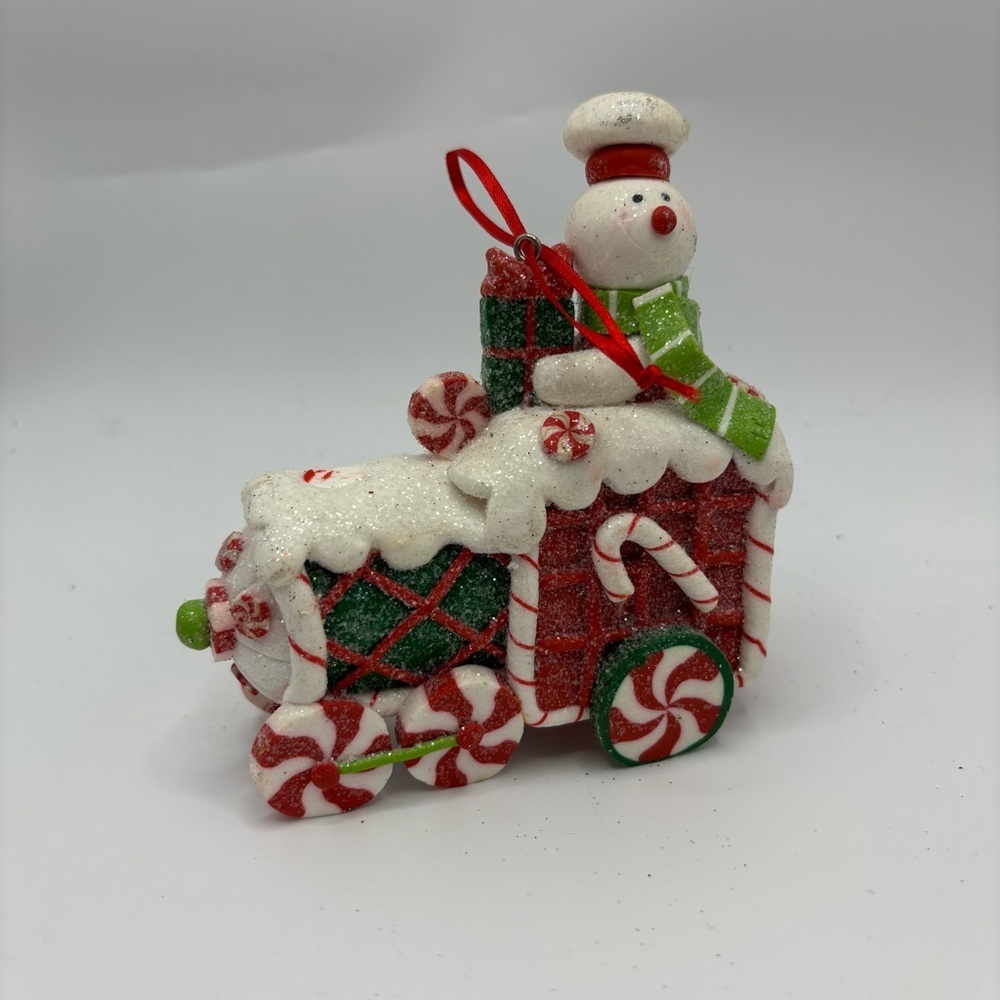 Festive Vintage Gingerbread Train With Snowman Conductor Christmas Ornament